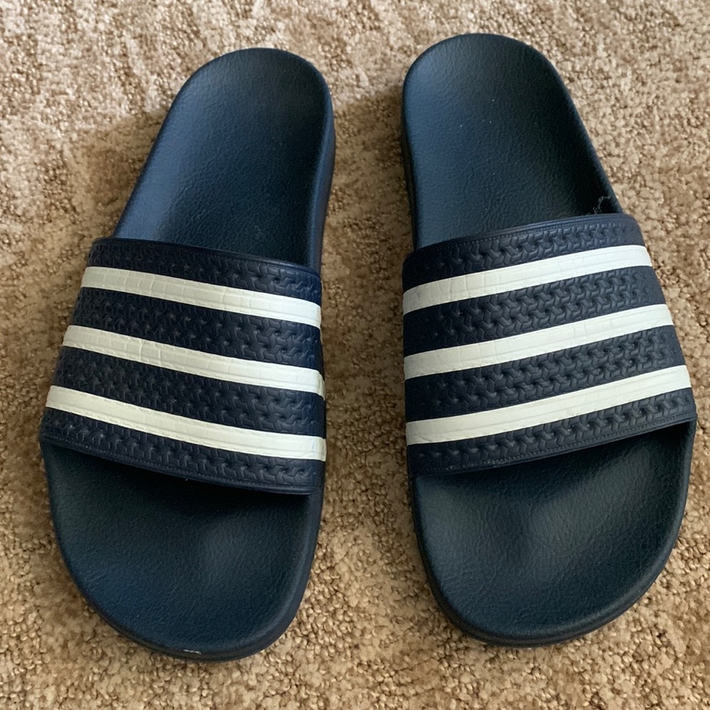 Adidas navy and white slides